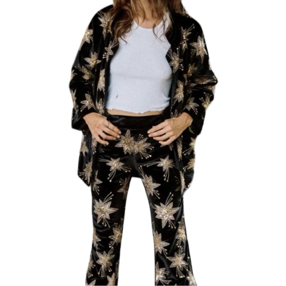 New LENNI x Free People XS Black Sequin Star Embroidered 2-Pc Jacket & Pant Set - Picture 15 of 15